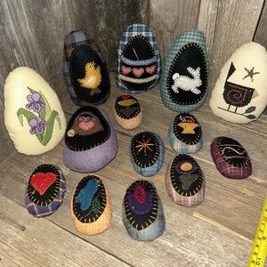 Handmade Folk Art Fabric Egg and Rock Set - Floral & Animal Appliqué
